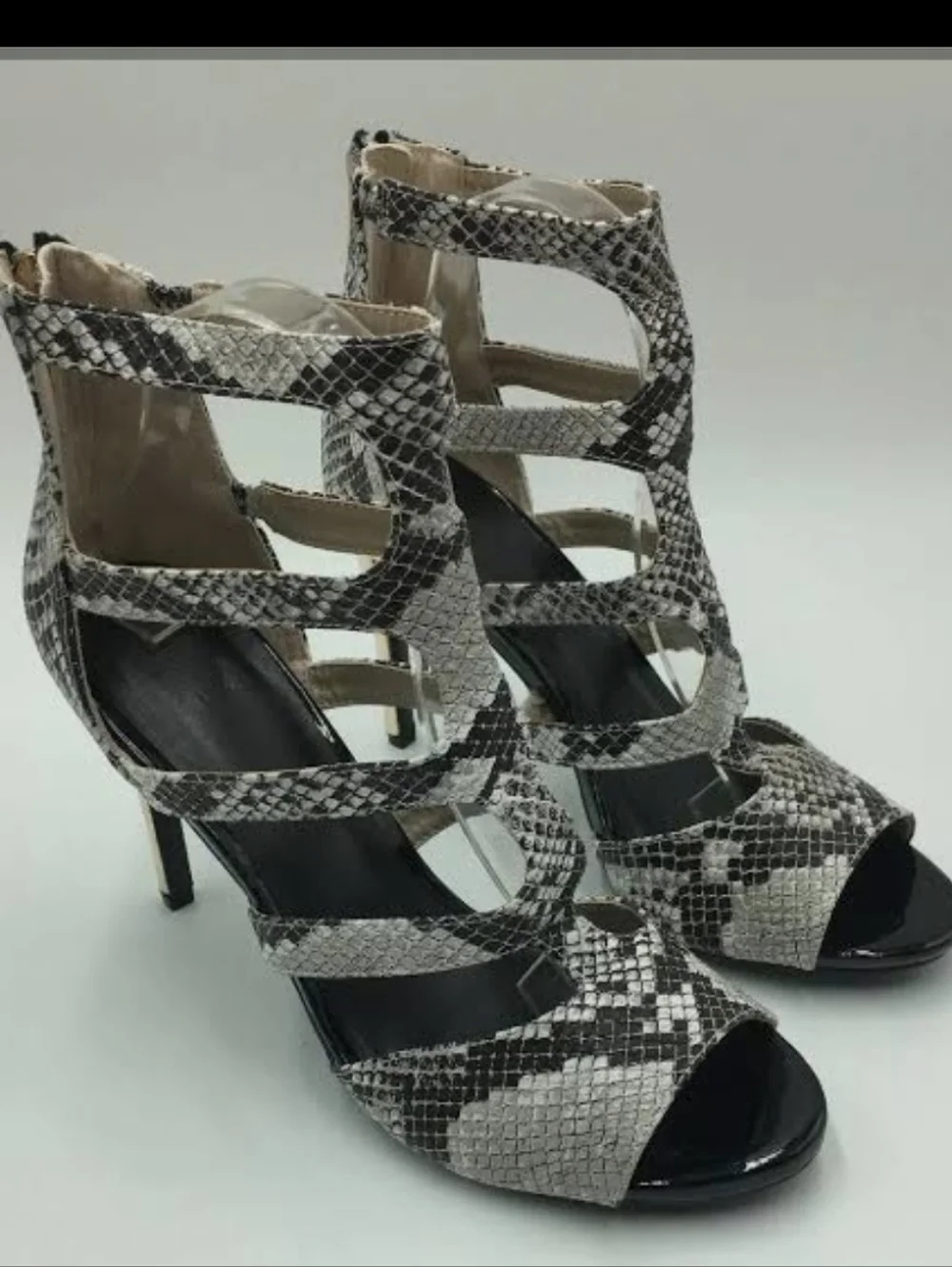 Women's Snakeskin Strappy Peep-Toe Heels - Black & Gray - Picture 1 of 7